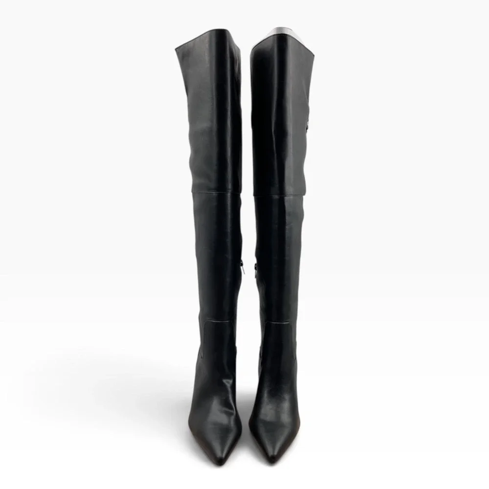 Wild Pair Womens Black Faux Leather Over The Knee Buckle Moto Boots Pointed Toe